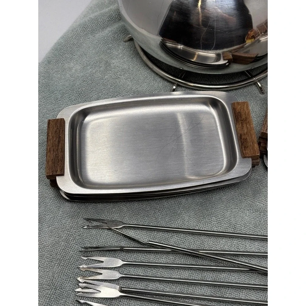 Vintage MCM Stainless Steel Fondue Set Japan Wood Handles Pot 8 Plates 8 Forks‎